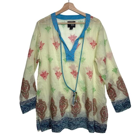 Rara Avis by Iris Apfel Tops - Rara Avis by Iris Apfel Printed Kurta Tunic Top Blouse Semi Sheer Tassels Sz 16